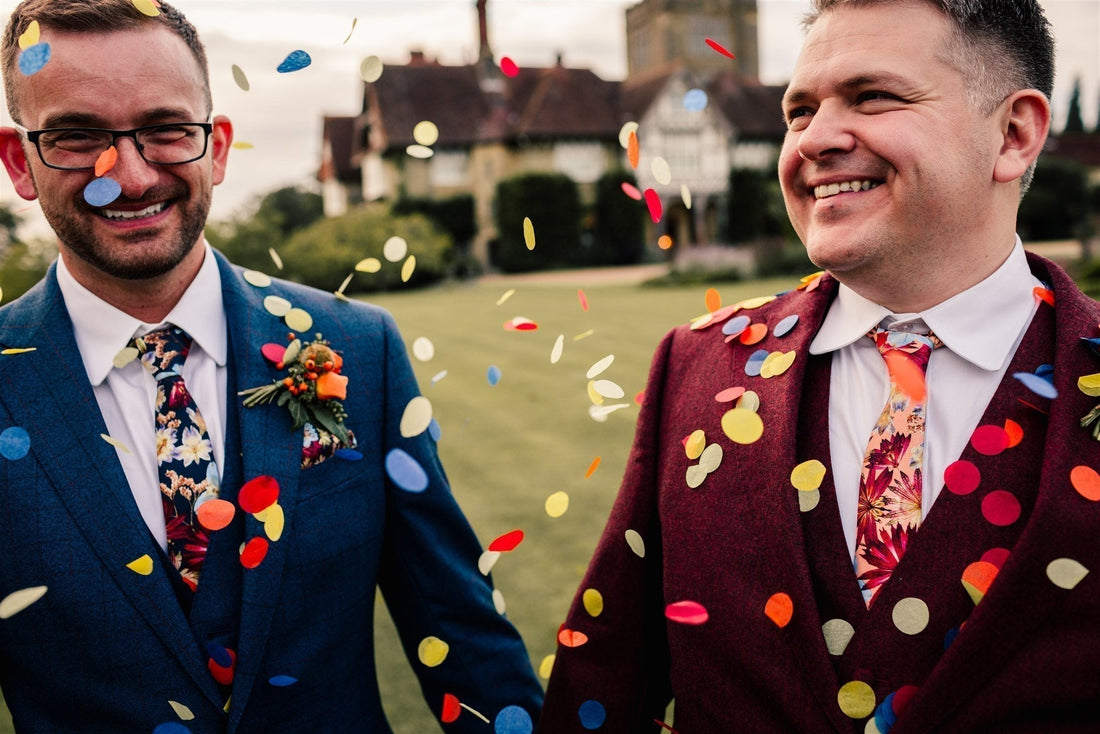 Floral wedding accessories and bespoke printed socks - Mark and Peter