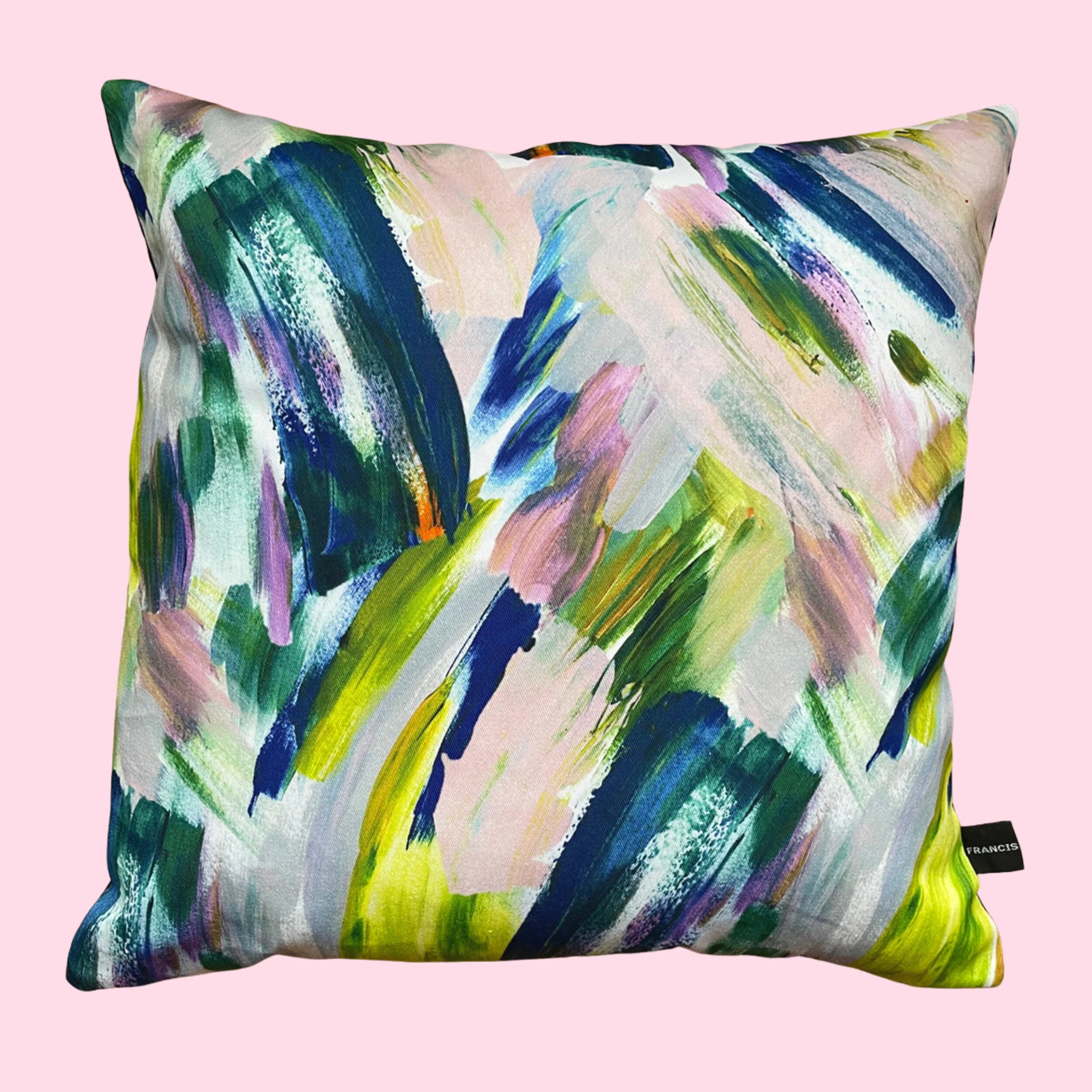 Francis - Abstract printed cushion with flashes of green and blue