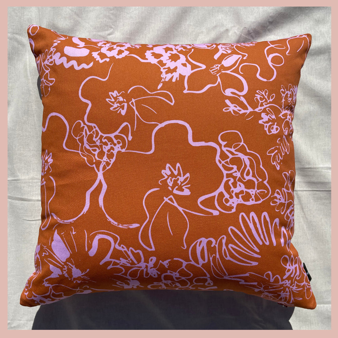 Spring - ocher and pink floral sketch printed cushion