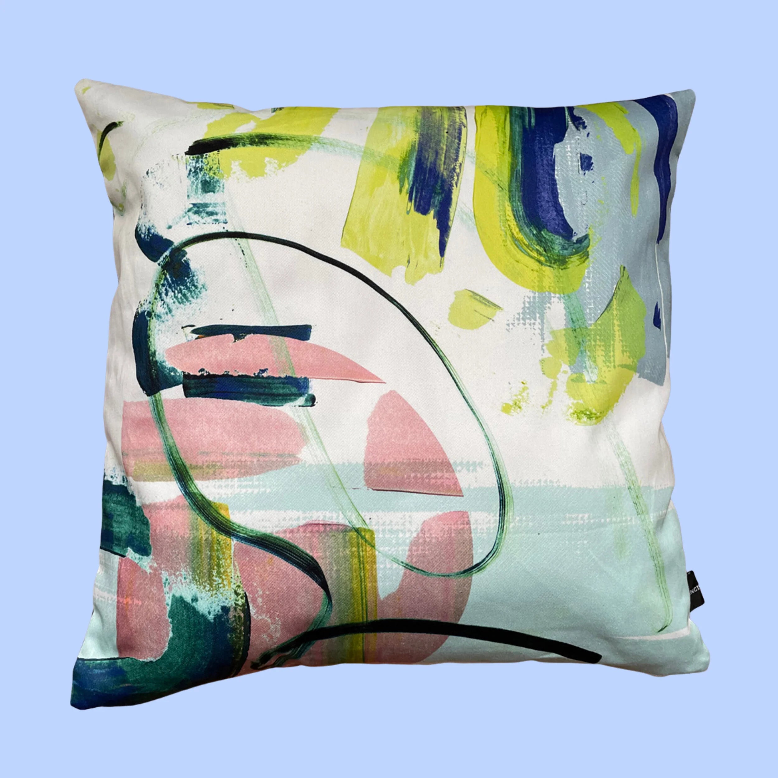 Louise - Abstract printed cushion with flashes of pink and green