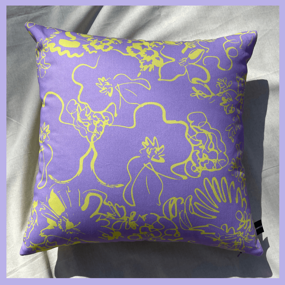 Spring - lilac and yellow floral sketch printed cushion