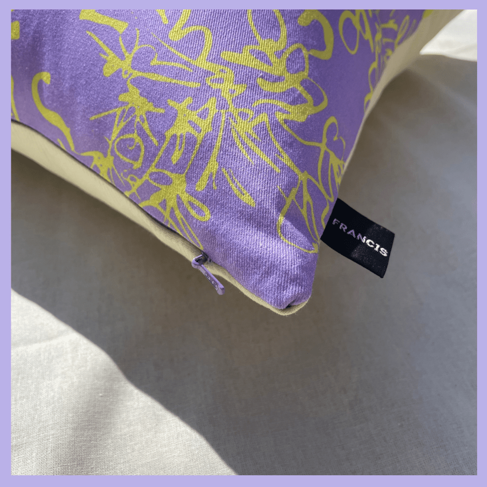 Spring - lilac and yellow floral sketch printed cushion