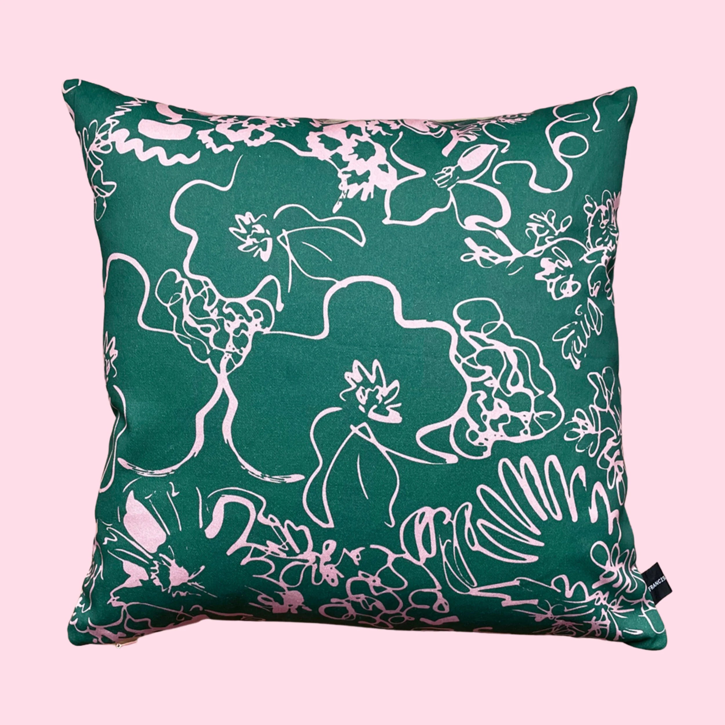 Spring - pink and green floral sketch printed cushion