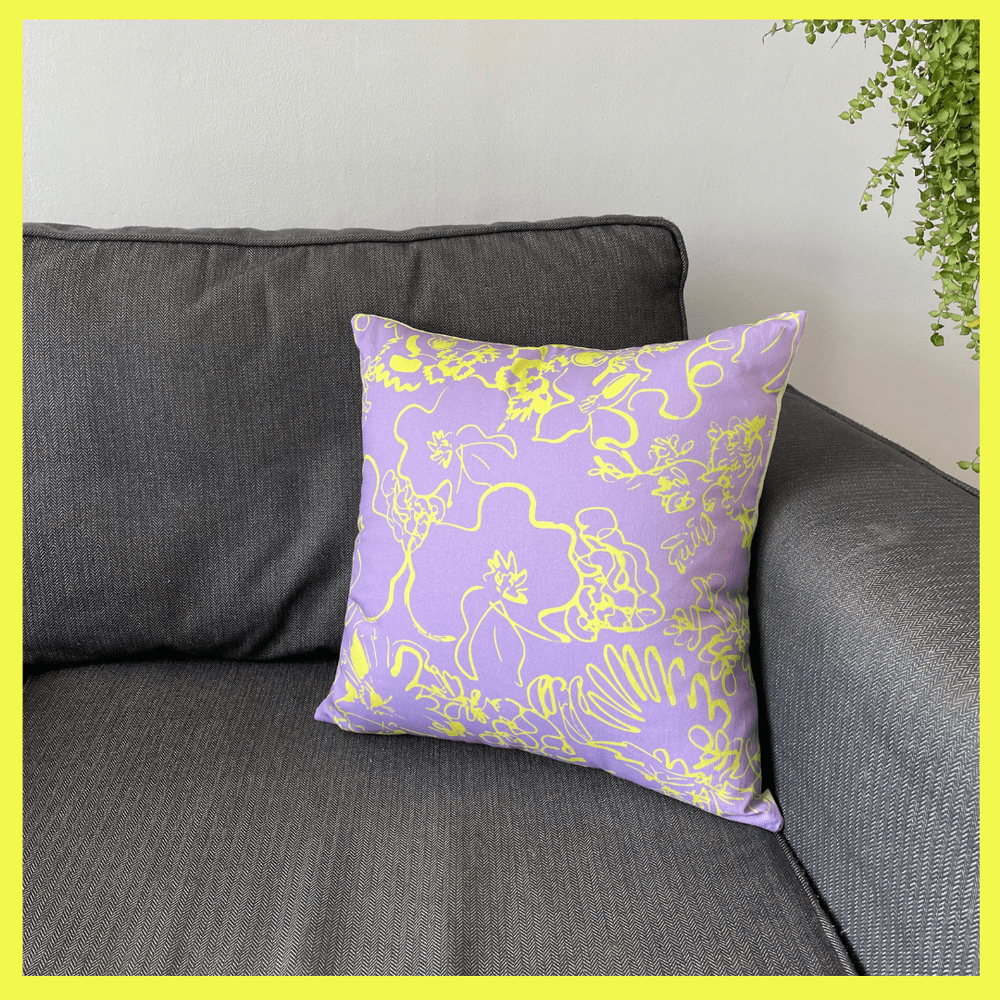 Spring - lilac and yellow floral sketch printed cushion