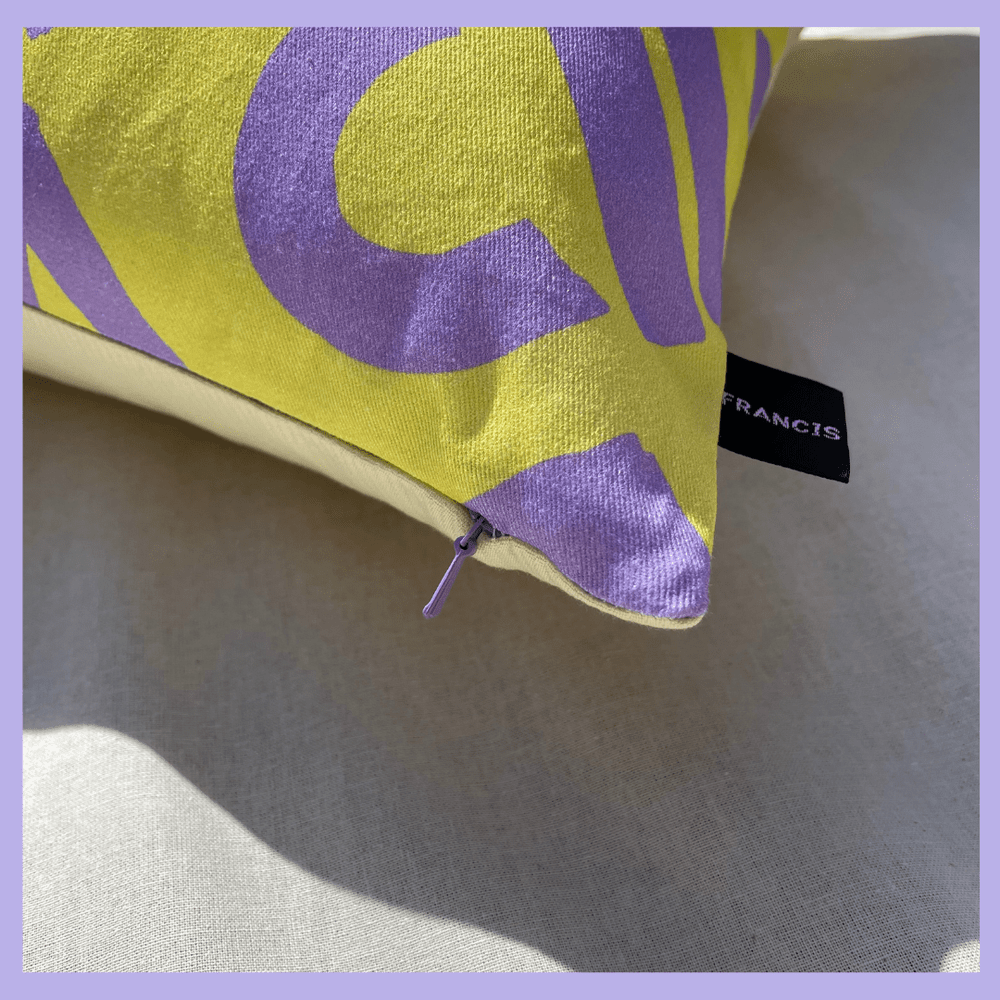 Love - yellow and lilac geometric printed cushion