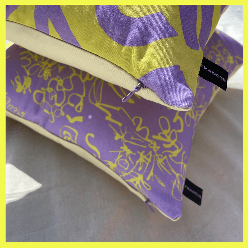 Spring - lilac and yellow floral sketch printed cushion