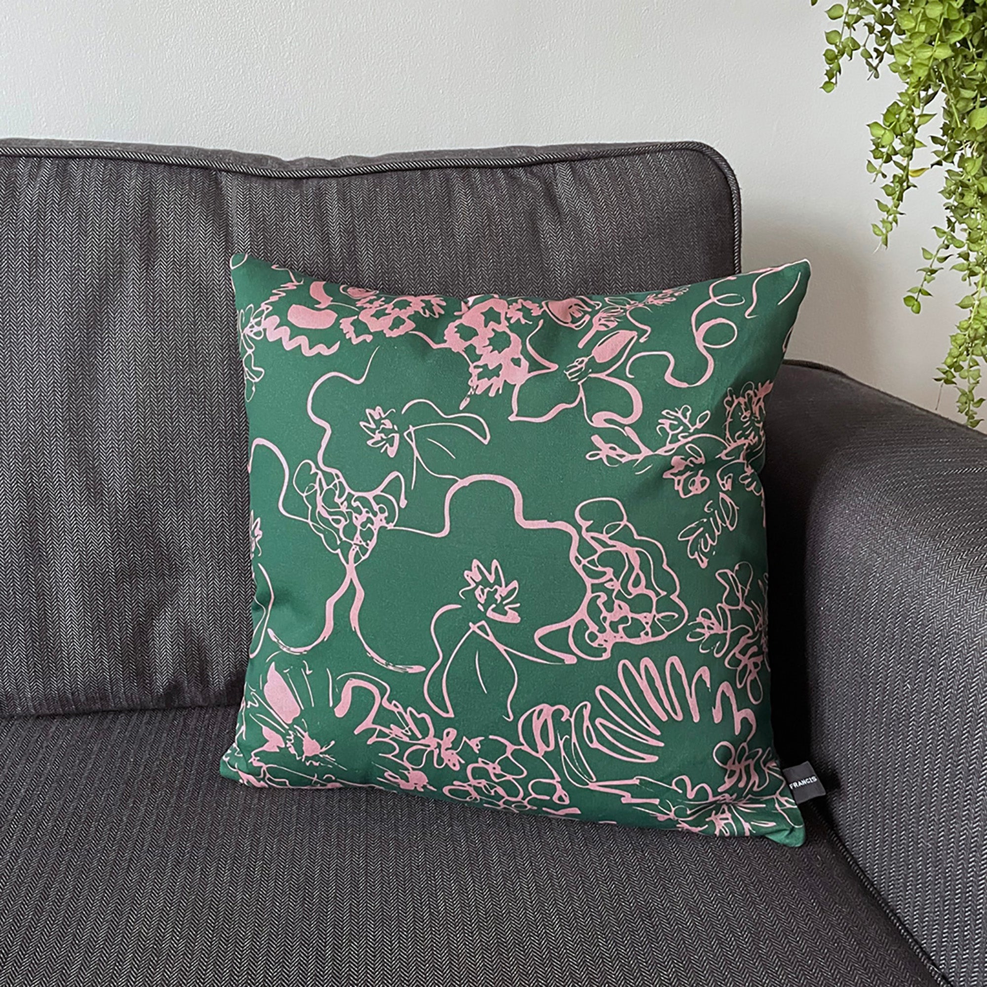 Spring - pink and green floral sketch printed cushion
