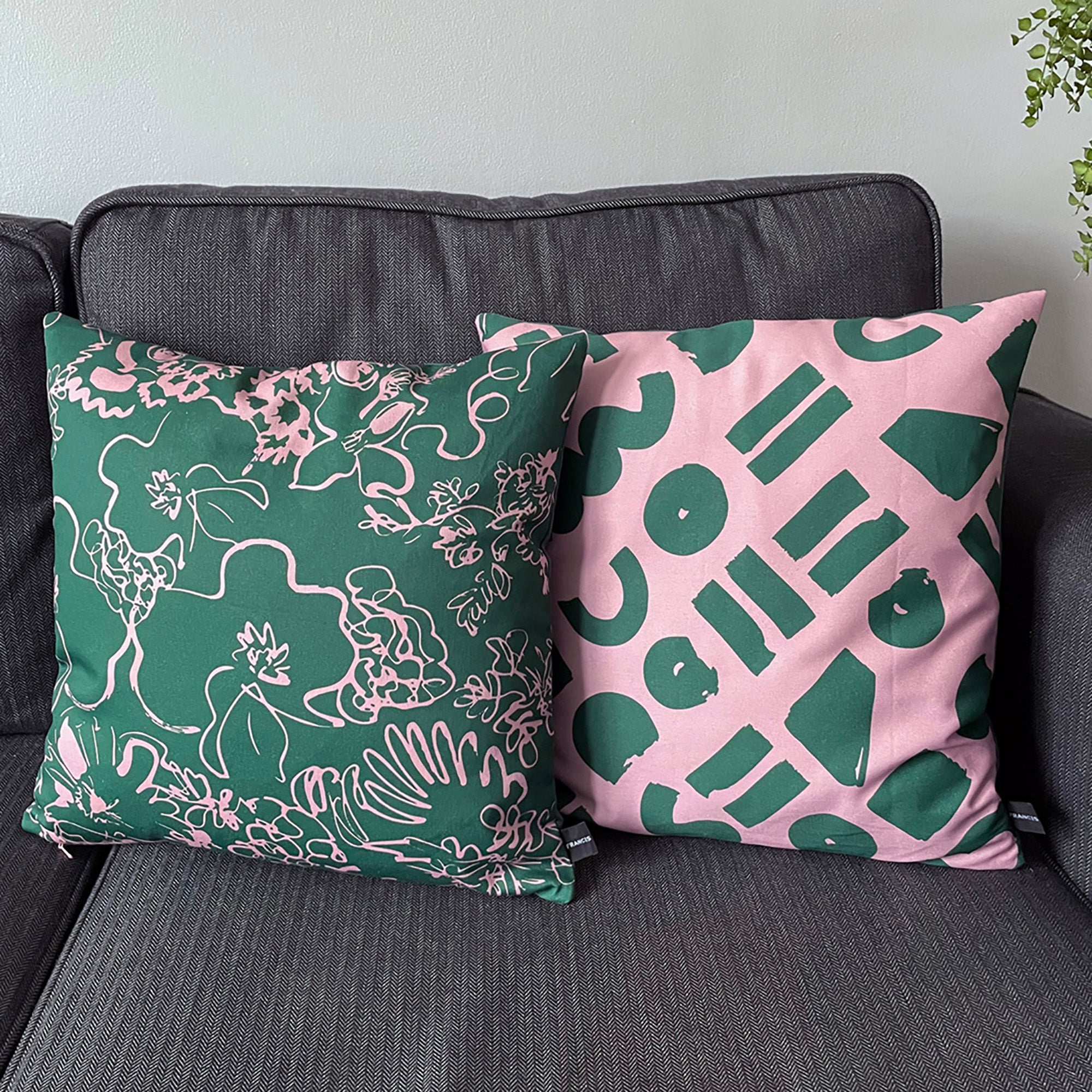 Spring - pink and green floral sketch printed cushion