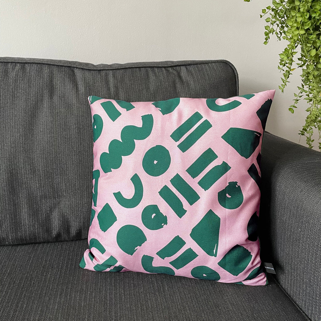 Love - pink and green geometric printed cushion